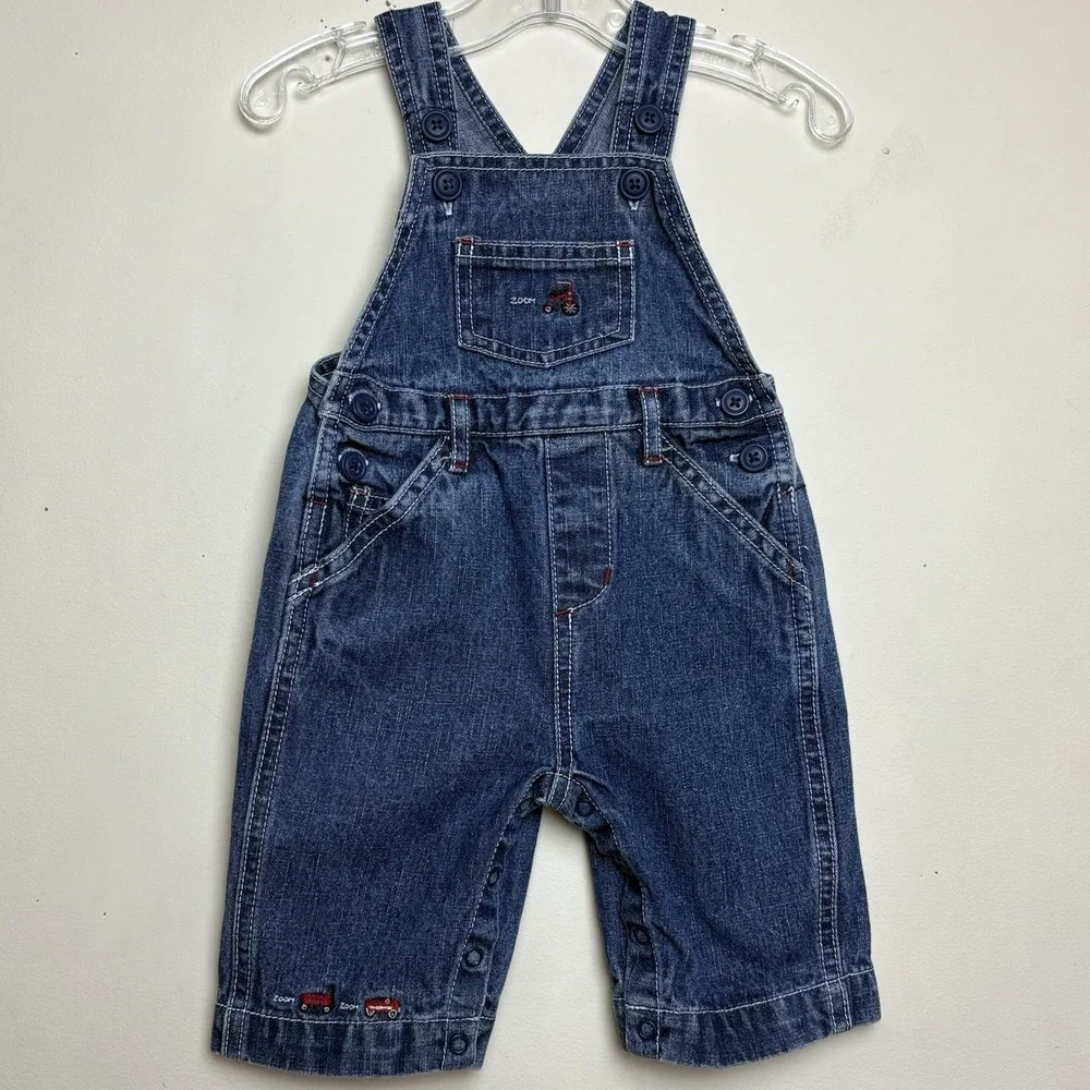 VTG Gymboree Denim Overalls Toys Zoom Zoom 2007 Wagon Bike Car Size 0-3 Months